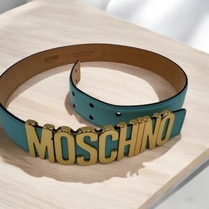 Moschino Couture Logo Belt Turquoise Size 40 Genuine Leather